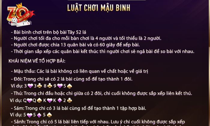 Luật chơi Mậu Binh Zowin cơ bản