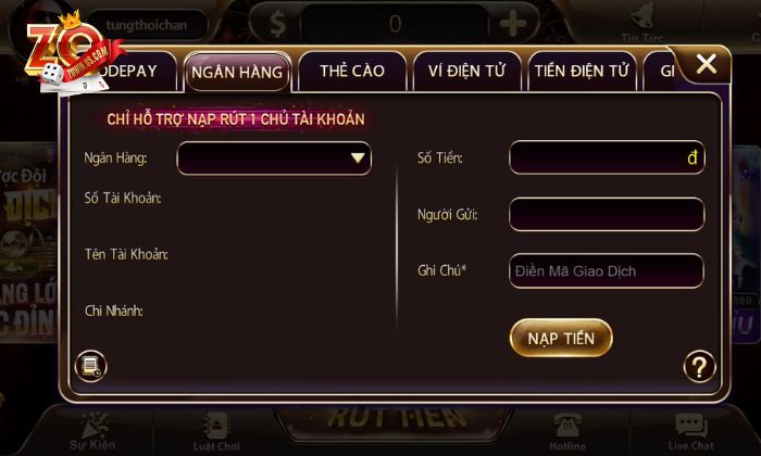 Zowin cung cấp đa dạng các hình thức nạp tiền cho người chơi